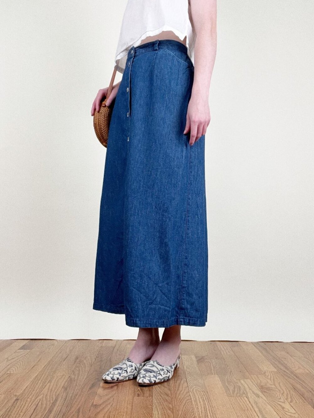 Vintage 90s Y2K Maxi Skirt 100% Cotton Denim High Rise Waist Button Down Up Boho - Picture 2 of 8